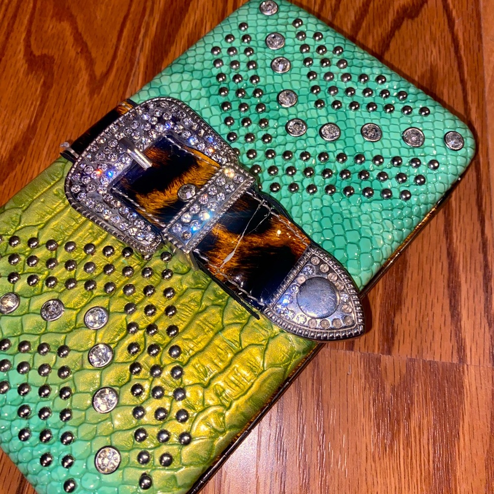 Designer Faux Alligator Western Wallet -Teal